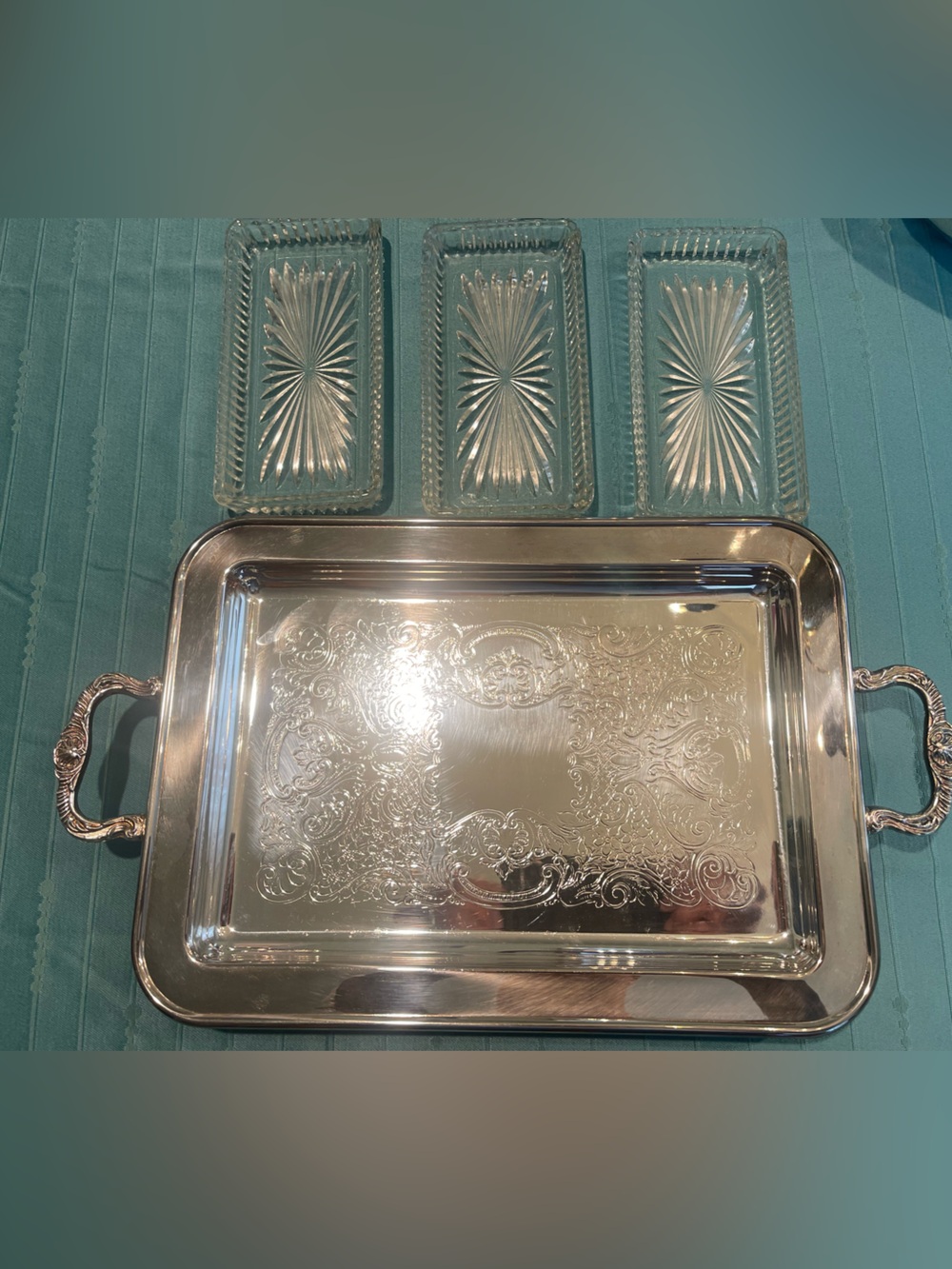 Vintage Silver Engraved Serving Relish Tray with 3 Clear Glass Dishes Intricate